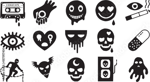 Conjunto de íconos simbólicos en estilo gráfico. Incluye mano, ojo, cara, corazón, máscara, calavera, alas, luna, texto y más. Trazo editable.