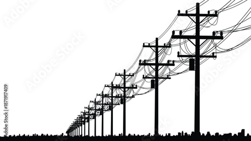 Urban power line poles silhouette with city skyline, electric transmission infrastructure vector illustration, black energy network perspective isolated on white background