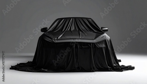 A black draped vehicle sits centered against a gray backdrop, creating a suspenseful reveal