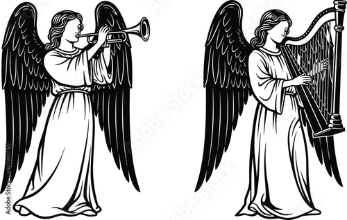 Angels Playing Musical Instruments Silhouette Vector Featuring Harp and Trumpet, Spiritual Art for Religious, Classical, and Decorative Design Themes