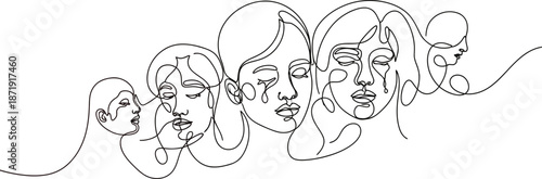 Continuous one line drawing depicting the evolution and shared emotional journey through different stages of a woman's life experiencing profound sadness
