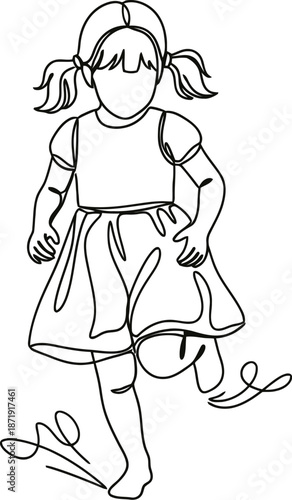 Minimalist continuous line drawing depicts a joyful young girl with pigtails happily skipping or running across a clean white background surface