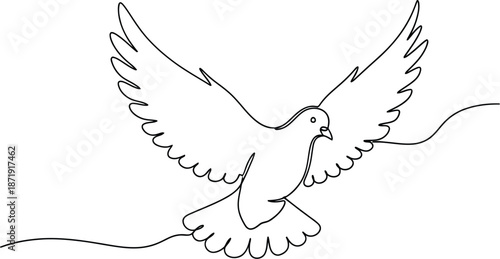 Minimalist continuous line art drawing depicting a beautiful dove with outstretched wings symbolizing peace and freedom in flight against a white background