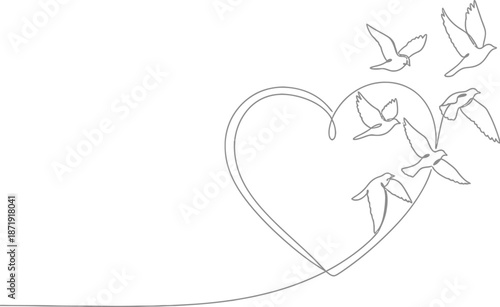 Minimalist continuous line art drawing depicting several doves gracefully flying out from the outline of a single continuous heart shape symbolizing freedom and love.
