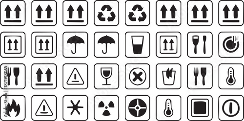 Conjunto de íconos de embalaje y manejo en estilo gráfico. Incluye flechas, reciclaje, paraguas, frágil, advertencia, basura, temperatura, radiación y más. Trazo editable.