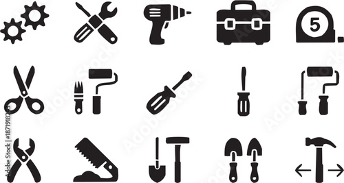 Conjunto de íconos de herramientas en estilo gráfico. Incluye llave, destornillador, taladro, caja, rodillo, paleta, martillo, pala y más. Trazo editable.