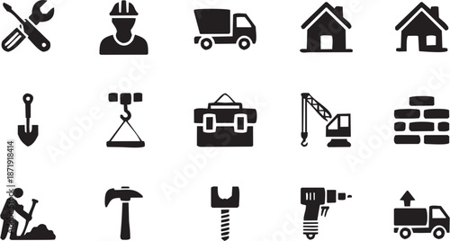Conjunto de íconos de construcción en estilo gráfico. Incluye trabajador, volqueta, casa, gancho, herramientas, grúa, martillo, tornillo, taladro y más. Trazo editable.