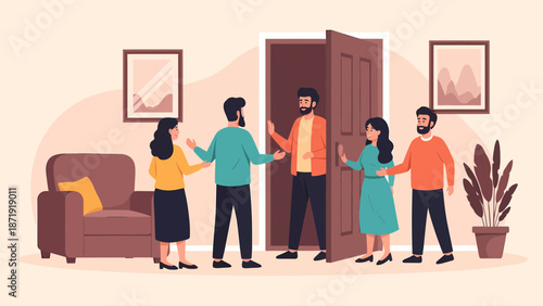 A group of friends welcoming a guest into their home.