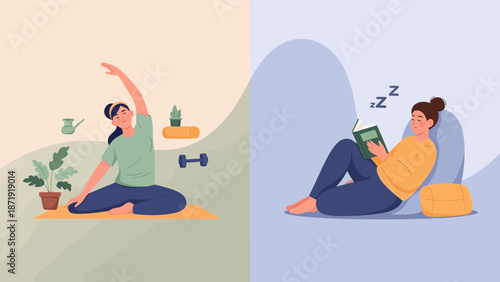 Active and Relaxed Lifestyle Yoga and Reading Illustration.