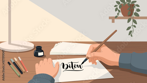 Calligraphy Artist at Work: Hand Lettering with Ink and Brush.