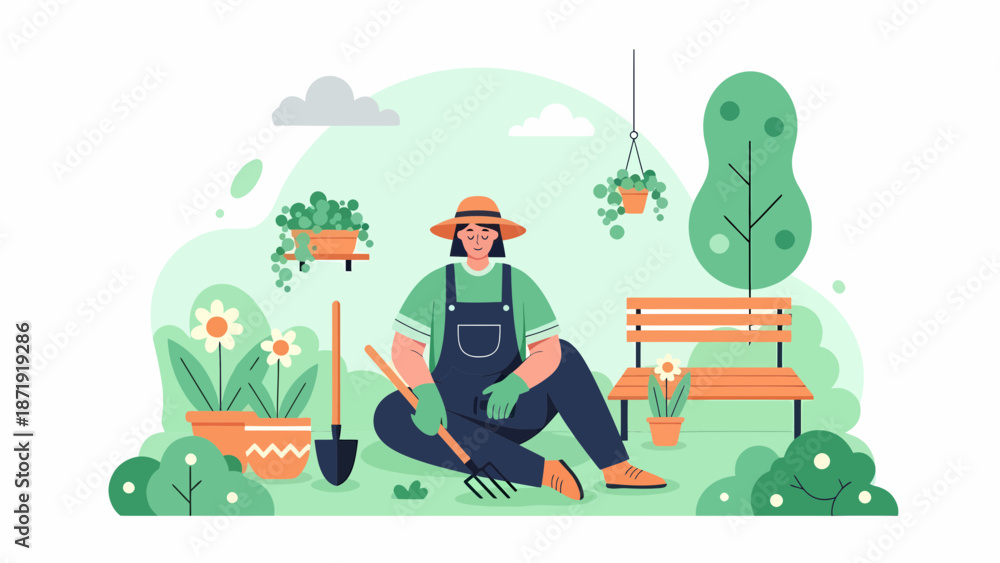 Fototapeta premium Gardener at Work Woman Tending to Plants in a Lush Garden.