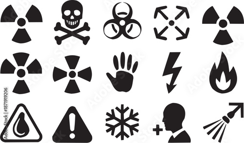 Conjunto de íconos de peligro en estilo gráfico. Incluye calavera, biohazard, radiación, rayo, mano, exclamación, nieve, salud, helicóptero y más. Trazo editable.