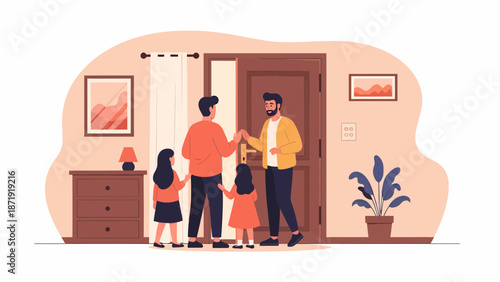 Family Welcoming a Guest at the Door.