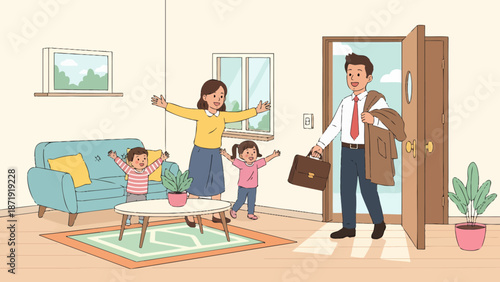 Family Welcoming Father Home: A Heartwarming Reunion Illustration.