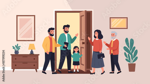 Family Welcoming Guests at Home A Warm Gathering Illustration.