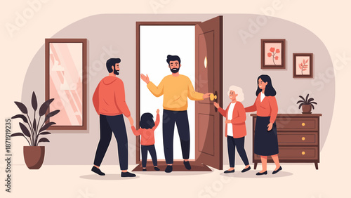 Family Welcoming Guest at Door A Heartwarming Reunion Illustration.