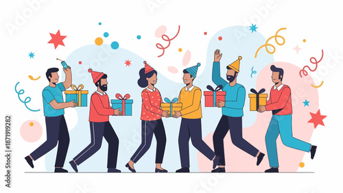 Festive Celebration: People Exchanging Gifts at a Party.