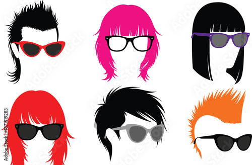 Stylized hairstyles and sunglasses vector illustration showcasing diverse fashion looks, personal style, and character design elements
