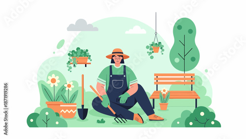 Gardener at Work Woman Tending to Plants in a Lush Garden.