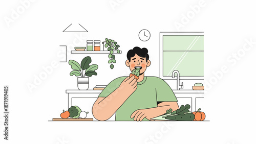 Man enjoying fresh vegetables in kitchen promoting healthy eating.