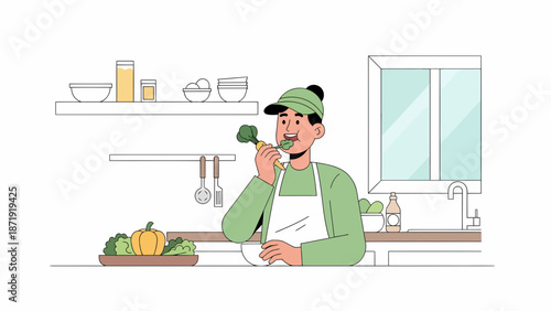 Man in Kitchen Tasting Broccoli Promoting Healthy Eating Habits.