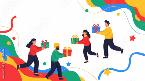 People Celebrating with Gifts in a Festive Setting.