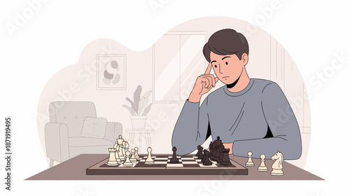 Pensive man engrossed in chess game strategizing his next move.