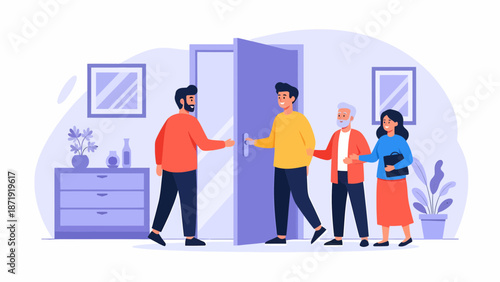 Welcoming Visitors: A Man Opens the Door for Guests.