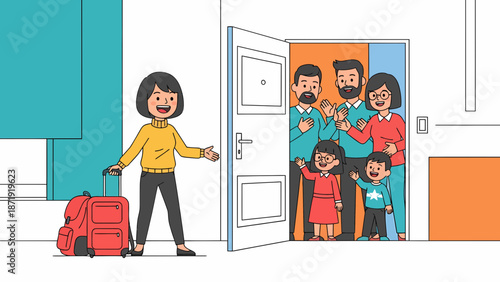 Woman Arriving Home to a Welcoming Family Reunion.