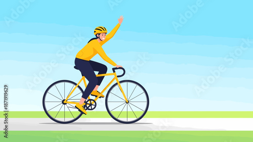 Woman Cyclist Waving Hand on Yellow Bicycle Illustration.