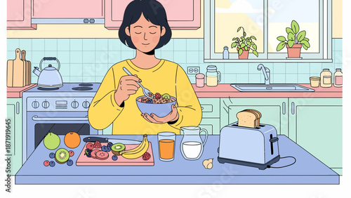 Woman enjoying a healthy breakfast in her kitchen.
