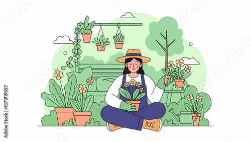 Woman gardening tending to plants in a serene outdoor setting.