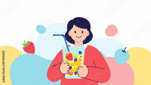 Woman holding a fruit smoothie with a straw surrounded by fruit.