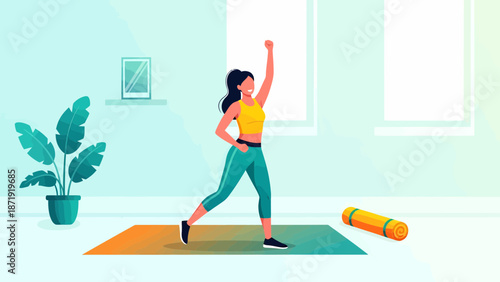 Woman in sportswear doing a side lunge exercise at home.