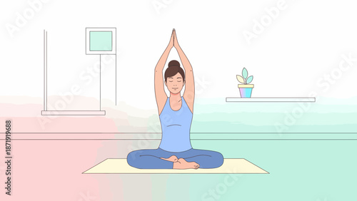 Woman in lotus position practicing yoga with hands raised.