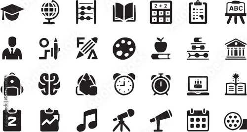 Conjunto de íconos escolares en estilo gráfico. Incluye abaco, libro, calculadora, lápiz, regla, paleta, manzana, birrete, reloj y más. Trazo editable.