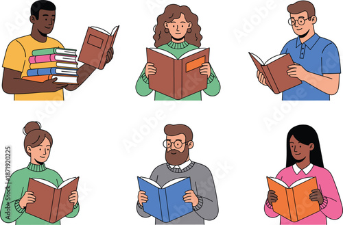 Diverse people reading books illustration, group of students and adults studying, education and literature themed vector artwork