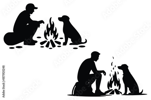 Silhouettes of man dog sitting by campfire at night