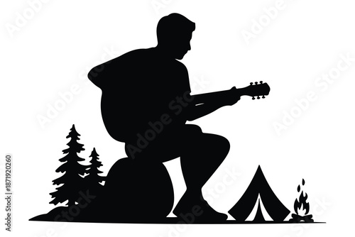 Silhouette of person playing guitar near tent and trees