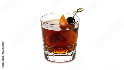 A classic old fashioned cocktail with orange peel and cherry garnish on a black background isolated on transparent background