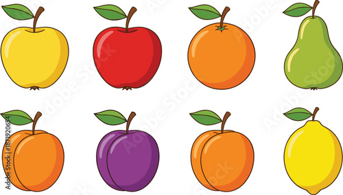 Set of colorful cartoon fruits including apples, oranges, pears, plums, lemons, and apricots in vector illustration