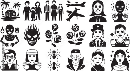 Conjunto de íconos simbólicos en estilo gráfico. Incluye familia, adultos, aviones, calavera, rostro demoníaco, rosas, uniforme, hormiga, cruz, punto rojo y más. Trazo editable.