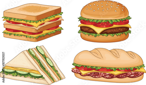 Delicious sandwich and burger collection with cheese, vegetables, meat, and bread illustrated in detailed flat vector style