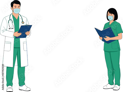 Male doctor and female nurse wearing medical masks holding patient charts, healthcare professionals illustration on white background