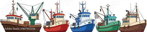 Colorful fishing trawler fleet with cranes and nets lined up, traditional commercial boats flat vector illustration