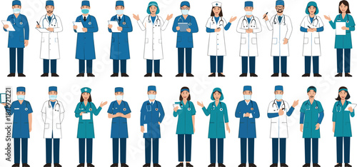 Large group of doctors and nurses in medical uniforms and lab coats, healthcare professionals standing together in flat illustration