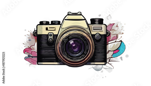 Vintage Camera Illustration with Watercolor Accents and Artistic Flair.