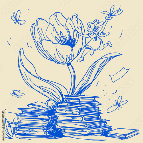 Whimsical Fairy Tale with Flowers and Books