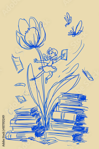 Whimsical Fairy Tale with Flowers and Books