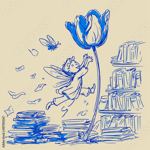 Whimsical Fairy Tale with Flowers and Books